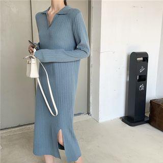 Collard V-neck Rib Knit Midi Dress