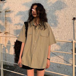 Front-pocket Plain Short-sleeve Button-down Shirt