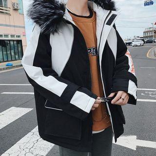 Lettering Color Block Furry Hood Parka