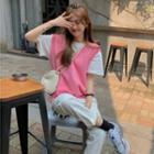 Plain Knit Vest Vest - Pink - One Size