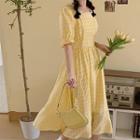Short-sleeve Plaid Midi A-line Dress Window Pane - Yellow - One Size
