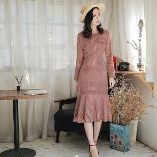 Gingham Long-sleeve Midi A-line Dress