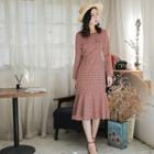 Gingham Long-sleeve Midi A-line Dress