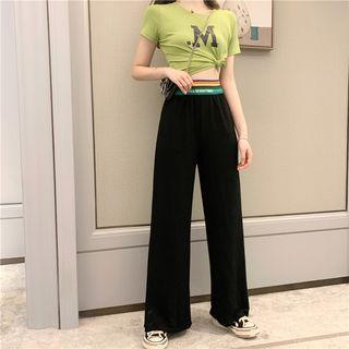 Letter Print Short Sleeve T-shirt / Striped High Waist Wide-leg Pants