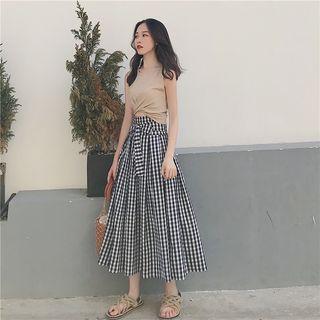 Sleeveless Crop Top / Gingham A-line Midi Skirt