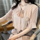 Elbow-sleeve Ruffled Patterned Chiffon Top