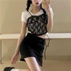 Short-sleeve Plain T-shirt / Lace Camisole Top / Lace Up Mini Pencil Skirt