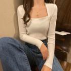 Long-sleeve Square-neck Plain Knit Sweater