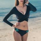 Set: Leaf Print Bikini + Long-sleeve Wrap Cover-up Top