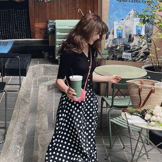 Polka Dot Flare Midi Skirt Navy Blue - One Size