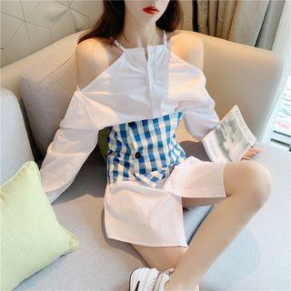 Plain Halter Long-sleeve Loose-fit Shirt / Check Corset Belt
