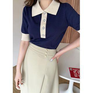 Plain / Stripe Contrast-collar Knit Top