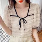 Short Sleeve Square Neck Frill Trim Lace-up Blouse