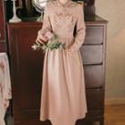 Long-sleeve Collared Embroidered Maxi A-line Dress