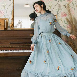 Set: Long-sleeve Embroidered Blouse + Maxi A-line Skirt