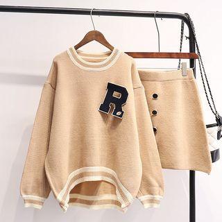 Set: Contrast Trim Sweater With Brooch + Buttoned Knit Skirt