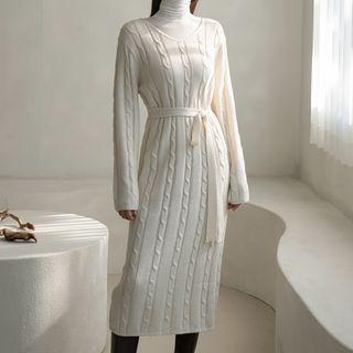 V-neck Long Cable-knit Dress With Sash
