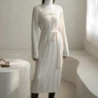 V-neck Long Cable-knit Dress With Sash