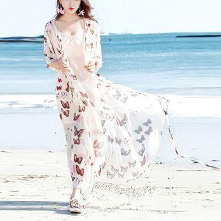 Set: Short-sleeve Floral Chiffon Jacket + Slipdress