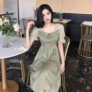 Puff-sleeve U-neck A-line Dress