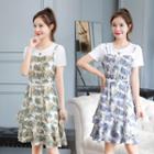 Mock Two-piece Printed Short-sleeve Layered Mini A-line Dress