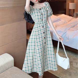 Plaid Puff-sleeve Button Midi A-line Dress