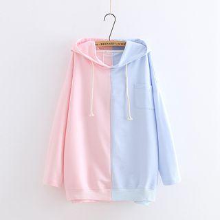 Two Tone Pocketed Hoodie Blue & Pink - One Size