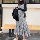 Mock Turtleneck Long-sleeve Top / Spaghetti Strap Leopard Print Midi Dress