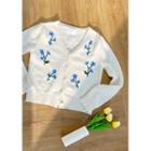 V-neck Flower Embroidery Cardigan Ivory - One Size