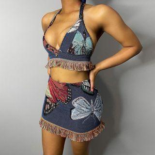 Set: Halter-neck Butterfly Frayed Crop Top + Mini Skirt