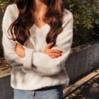 Plain V-neck Fluffy Sweater