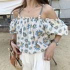 Puff-sleeve Cold Shoulder Floral Print Top