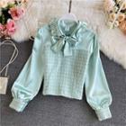 Ruffled Collar Bow-neck Tweed Panel Shirt