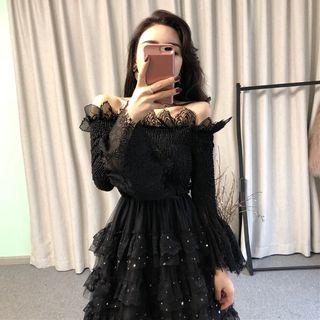 Off-shoulder Tiered Mesh Dress
