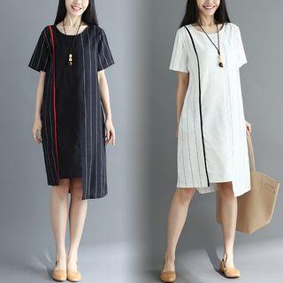 Short-sleeve Striped Asymmetric Hem Dress