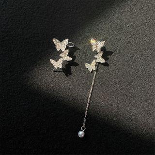 Rhinestone Butterfly Ear Cuff / Dangle Earring 1 Pair - Silver Needle - Stud Earrings & Clip-on Earrings - One Size