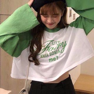 Color-block Lettering Printed Crewneck Long-sleeve Top