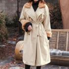 Fuax-fur Lined Double Breasted Coat With Sash Beige - One Size