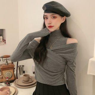 Mock Two-piece Long-sleeve Cold Shoulder Turtleneck Top