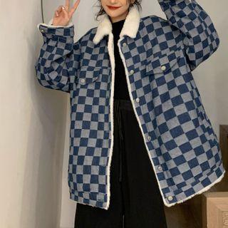 Fleece-lined Checker Print Denim Jacket