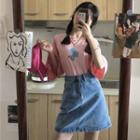 Elbow-sleeve Floral Print T-shirt / Mini A-line Denim Skirt