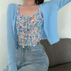 Floral Printed Camisole / Long-sleeve Plain Knit Cardigan
