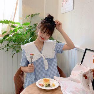 Ruffle Trim Sailor Collar Gingham Mini A-line Dress Blue - One Size