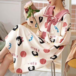 Contrast Trim Long-sleeve Cartoon Print Sleep Dress