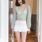 Set: Ruffled Bikini + V-neck Fringed Cover-up Top