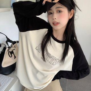 Long-sleeve Letter Print Raglan T-shirt Black & White - One Size