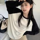 Long-sleeve Letter Print Raglan T-shirt Black & White - One Size
