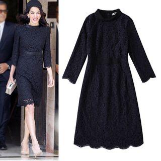 Long-sleeved Stand Collar Crewneck A-line Lace Sheath Dress