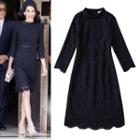 Long-sleeved Stand Collar Crewneck A-line Lace Sheath Dress