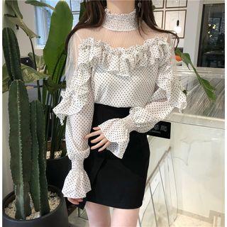 Mesh Panel Dotted Long-sleeve Chiffon Blouse